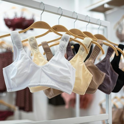 Colorful bras on wooden hangers in a chic clothing store display.